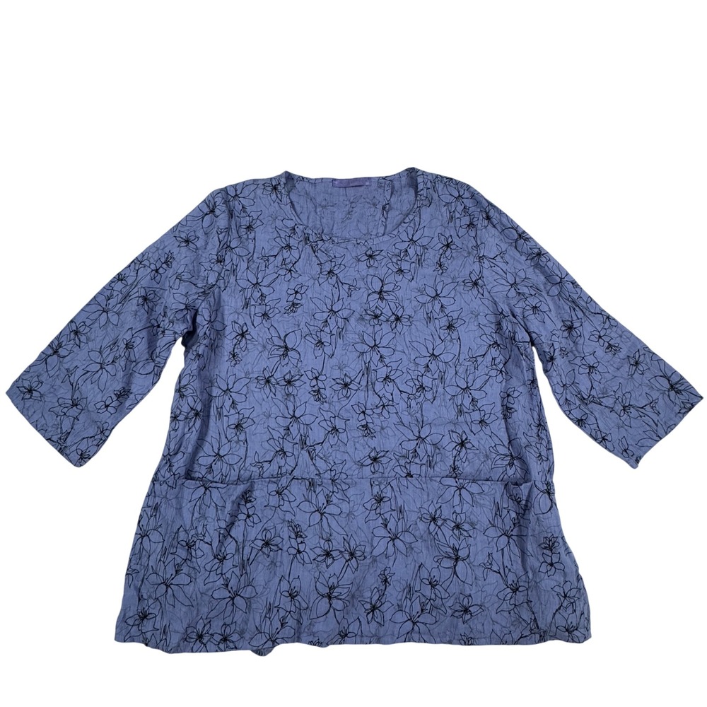 Cut Loose Floral 100% Linen 3/4 Sleeve Pocket Tunic Top Women's S Boho Whimsical